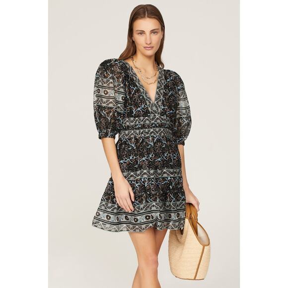 Sea‎ New York Marlee Dress *BROKEN ZIP Black Print Mini V-Neck Puff Sleeve Sz L - Picture 1 of 12